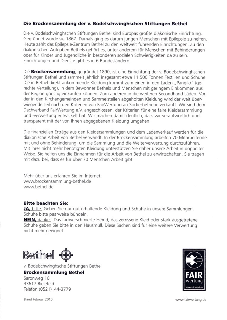 Hinweise zur Kleidersammlung für Bethel am 6.-8. Februar