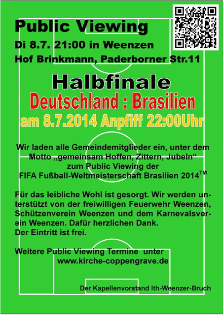 Einladung zum Public Viewing des Halbfinale Deutschland: Brasilien am 8.7.