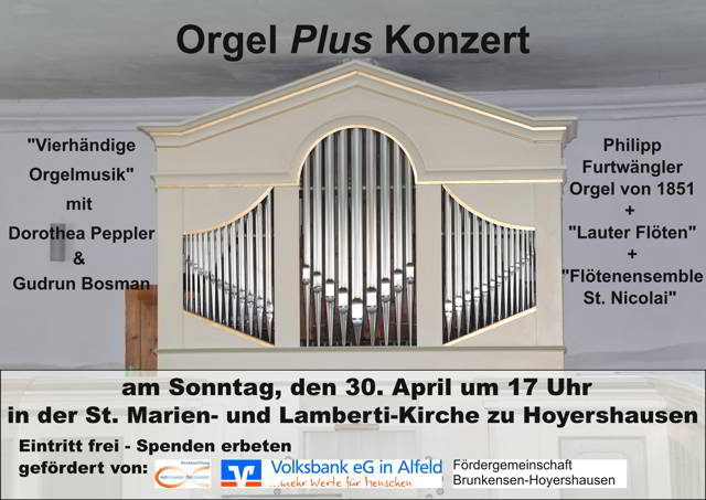 Einladung zum Orgel <i>Plus</i> Konzert am 30.4.2017 um 17:00 Uhr in Hoyershausen