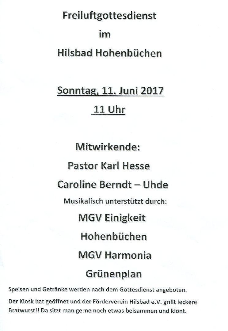 Einladung zum Freiluftgottesdienst im Hilsbad/Hohenbüchen am 11. Juni 2017 um 11 Uhr