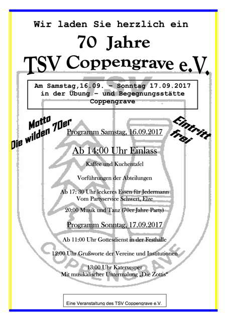 Gottesdienst zum 70. Jubiläum des TSV Coppengrave e.V. in der Begegnungsstätte am 17.9.2017 um 11 Uhr