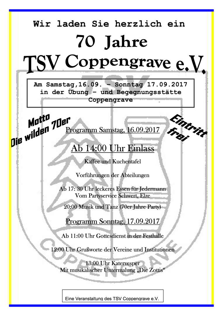 Gottesdienst zum 70. Jubiläum des TSV Coppengrave e.V. in der Begegnungsstätte am 17.9.2017 um 11 Uhr