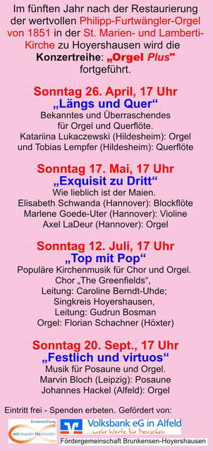 Jahresplan der Konzertreihe Orgel <i>Plus</i> in Hoyershausen