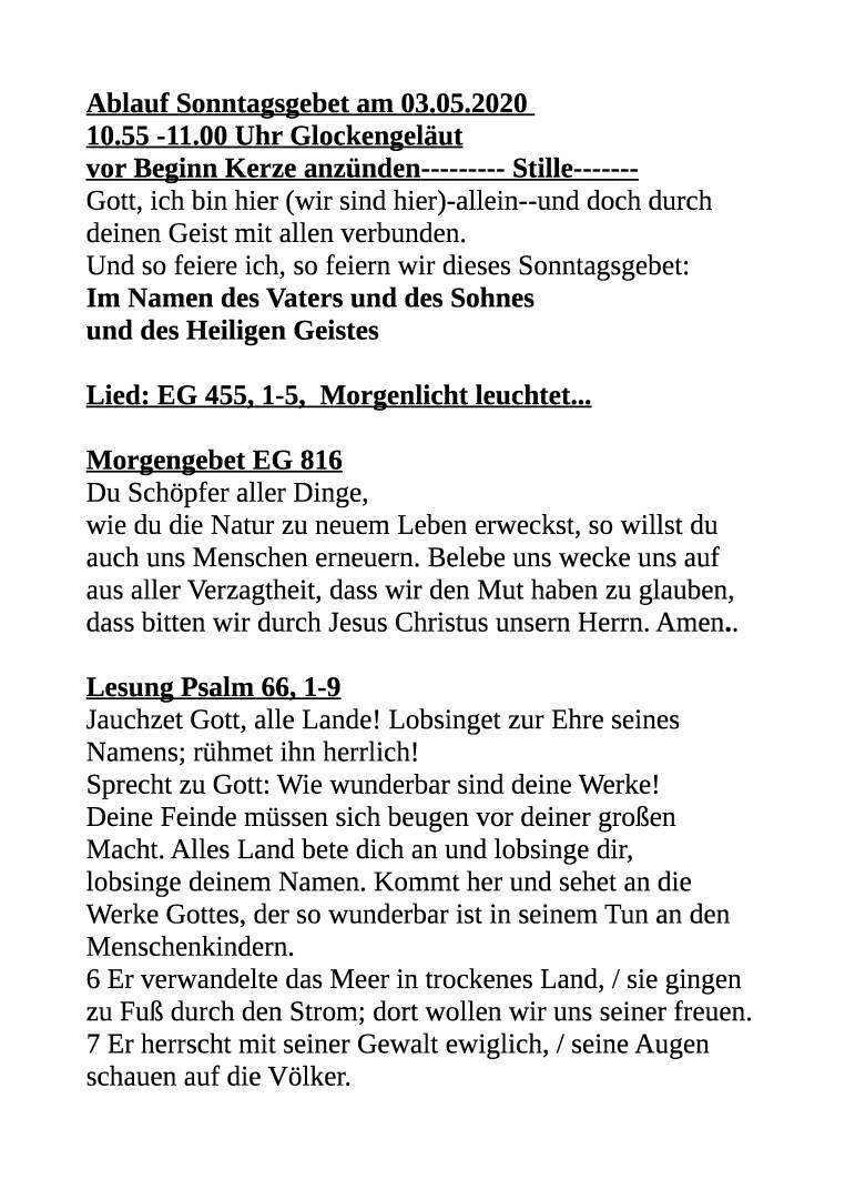 Ablauf Sonntagsgebet am 03.05.20