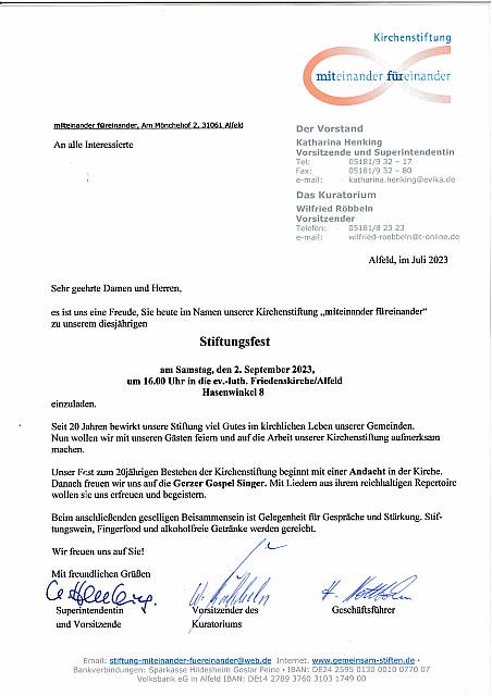 Einladung zum Stiftungsfest der Kirchenstiftung miteinander füreinander