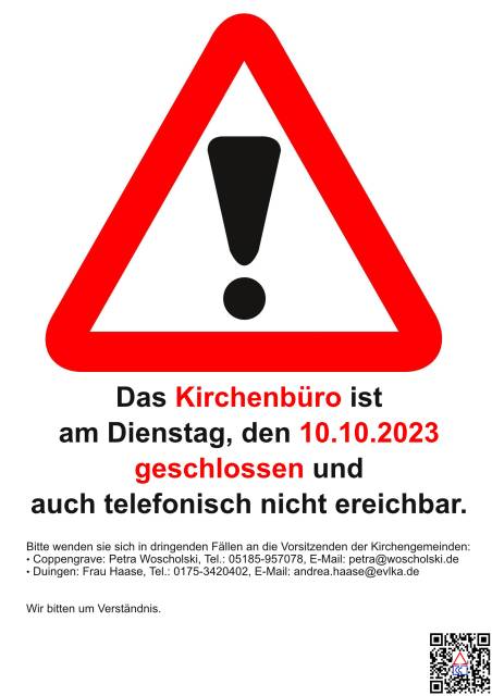 +++ Das Kirchenbüro ist am Di 10.10.2023 geschlossen +++