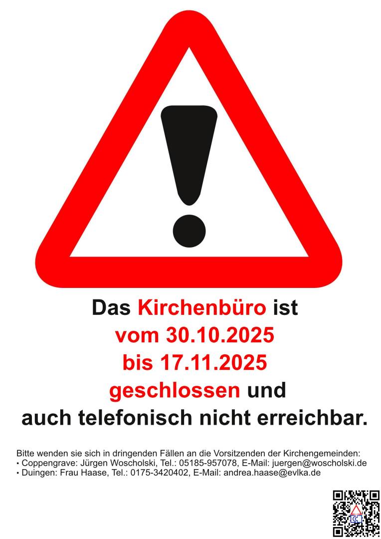 Kirchenbüro ist vom 30.10.2025 bis 17.11.2025 geschlossen