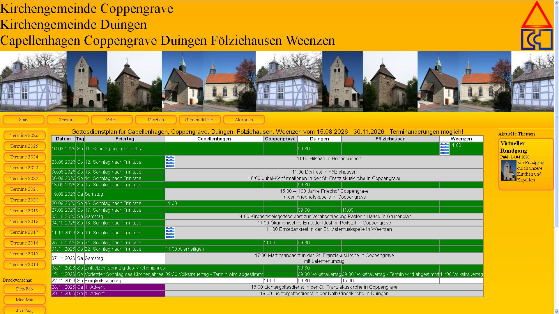Neuer Gottesdienstplan bis zum 30.11.2026