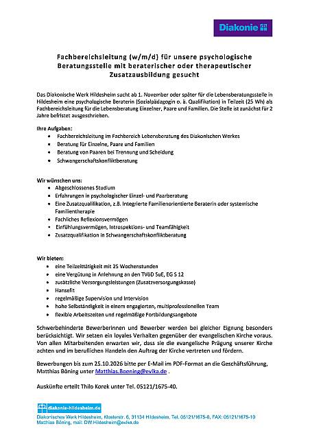 Stellenausschreibung Diakonische Werk Hildesheim: Fachbereichsleitung